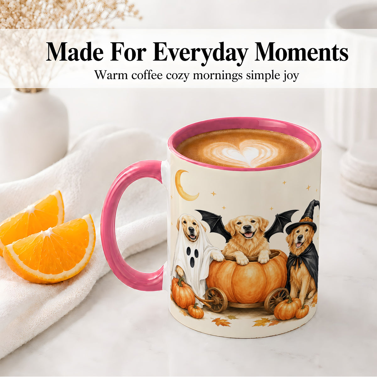 #pl[11oz|Pink] Halloween Golden Retriever Ceramic Mug, Costume Pumpkin Artwork