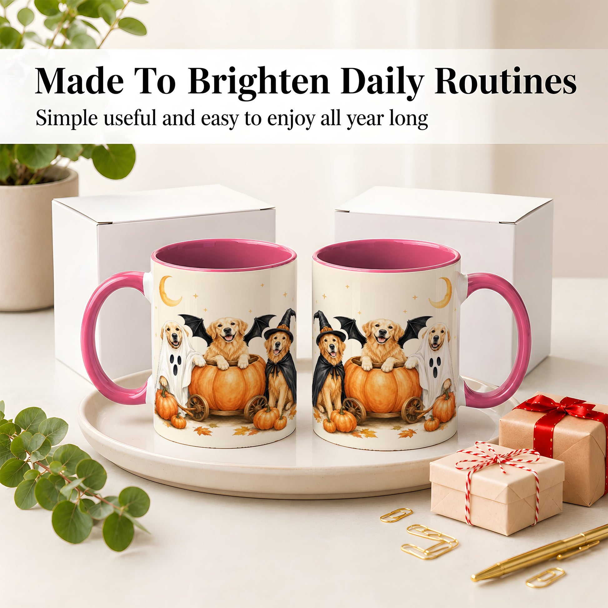 #pl[11oz|Pink] Halloween Golden Retriever Ceramic Mug, Costume Pumpkin Artwork