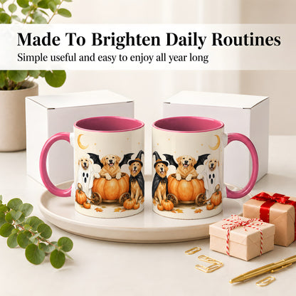 #pl[11oz|Pink] Halloween Golden Retriever Ceramic Mug, Costume Pumpkin Artwork
