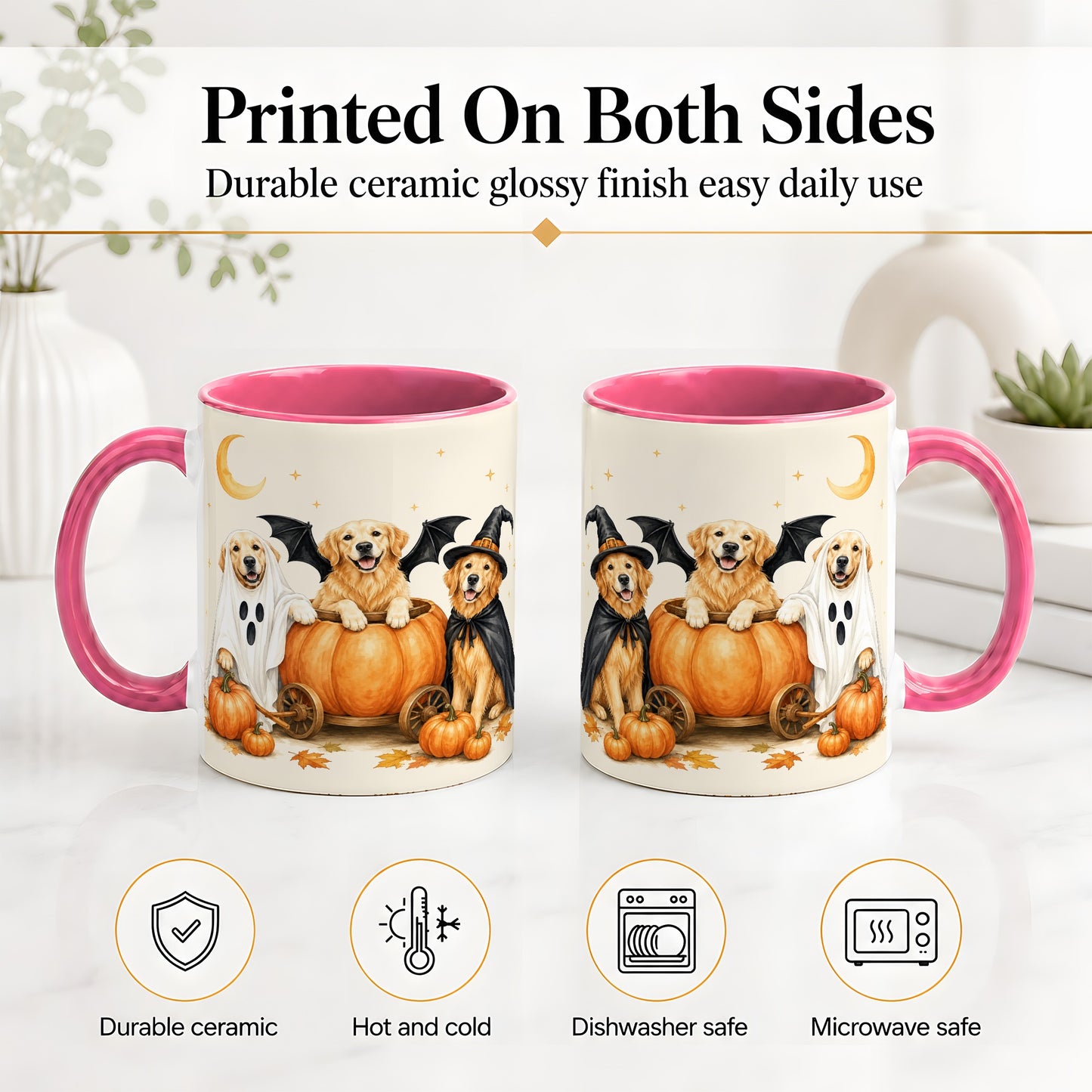 #pl[11oz|Pink] Halloween Golden Retriever Ceramic Mug, Costume Pumpkin Artwork