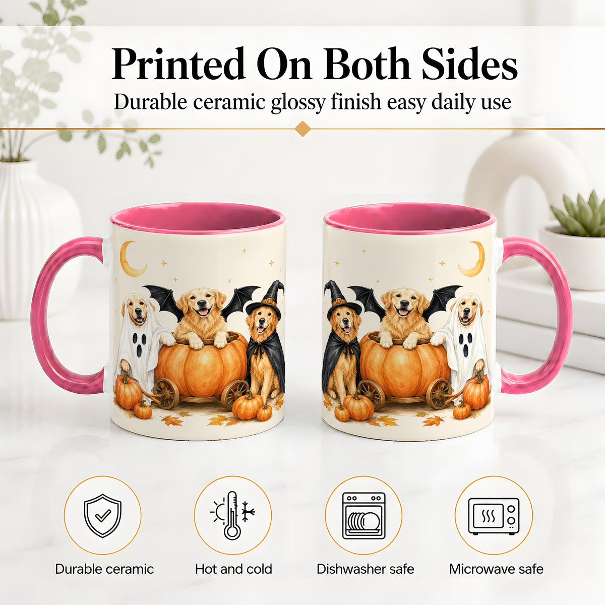 #pl[11oz|Pink] Halloween Golden Retriever Ceramic Mug, Costume Pumpkin Artwork