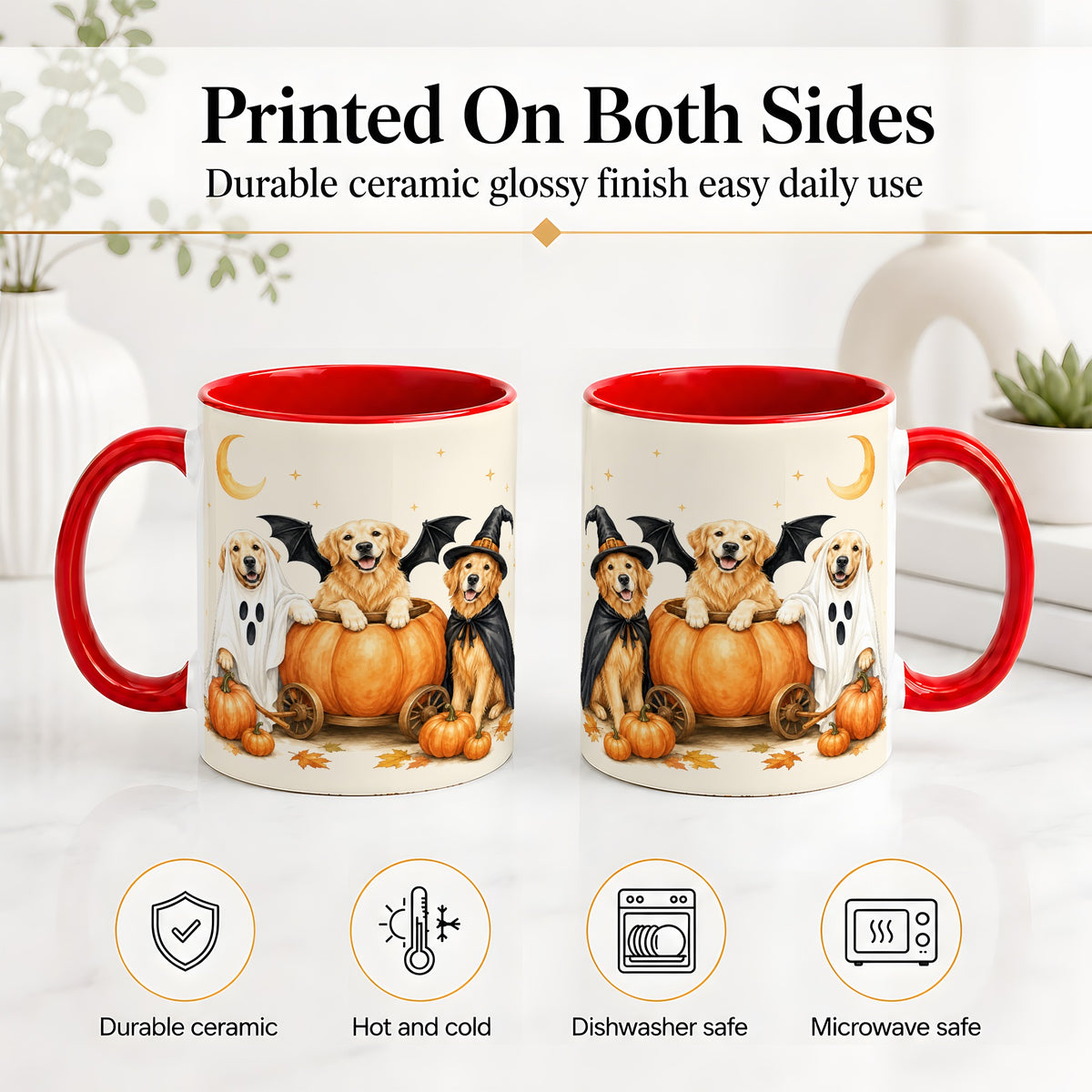 #pl[11oz|Red] Halloween Golden Retriever Ceramic Mug, Costume Pumpkin Artwork