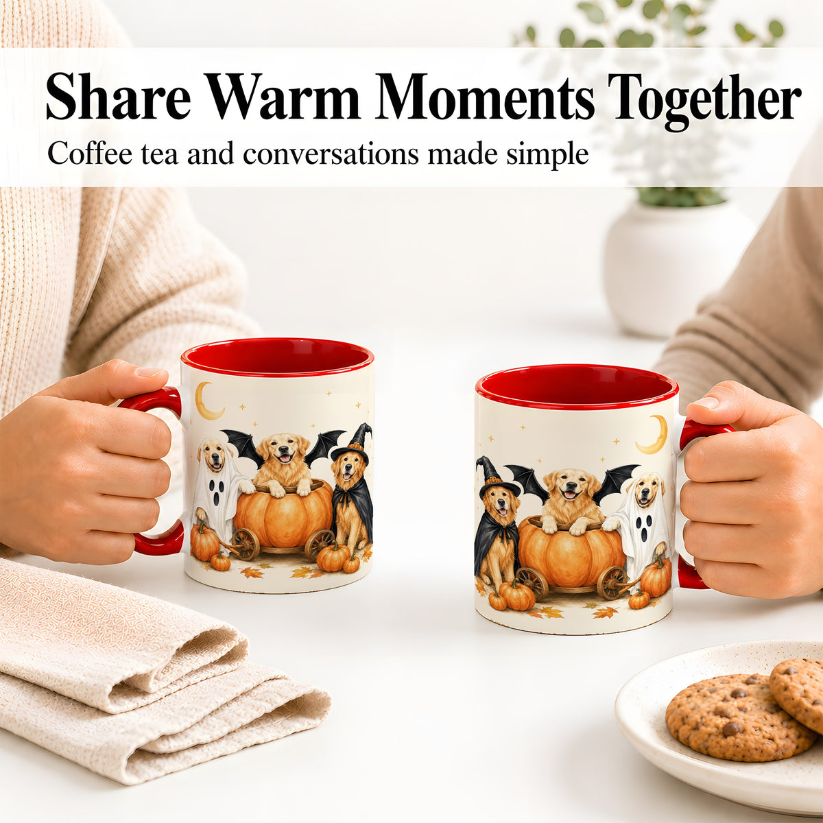 #pl[11oz|Red] Halloween Golden Retriever Ceramic Mug, Costume Pumpkin Artwork