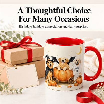 #pl[11oz|Red] Halloween Golden Retriever Ceramic Mug, Costume Pumpkin Artwork