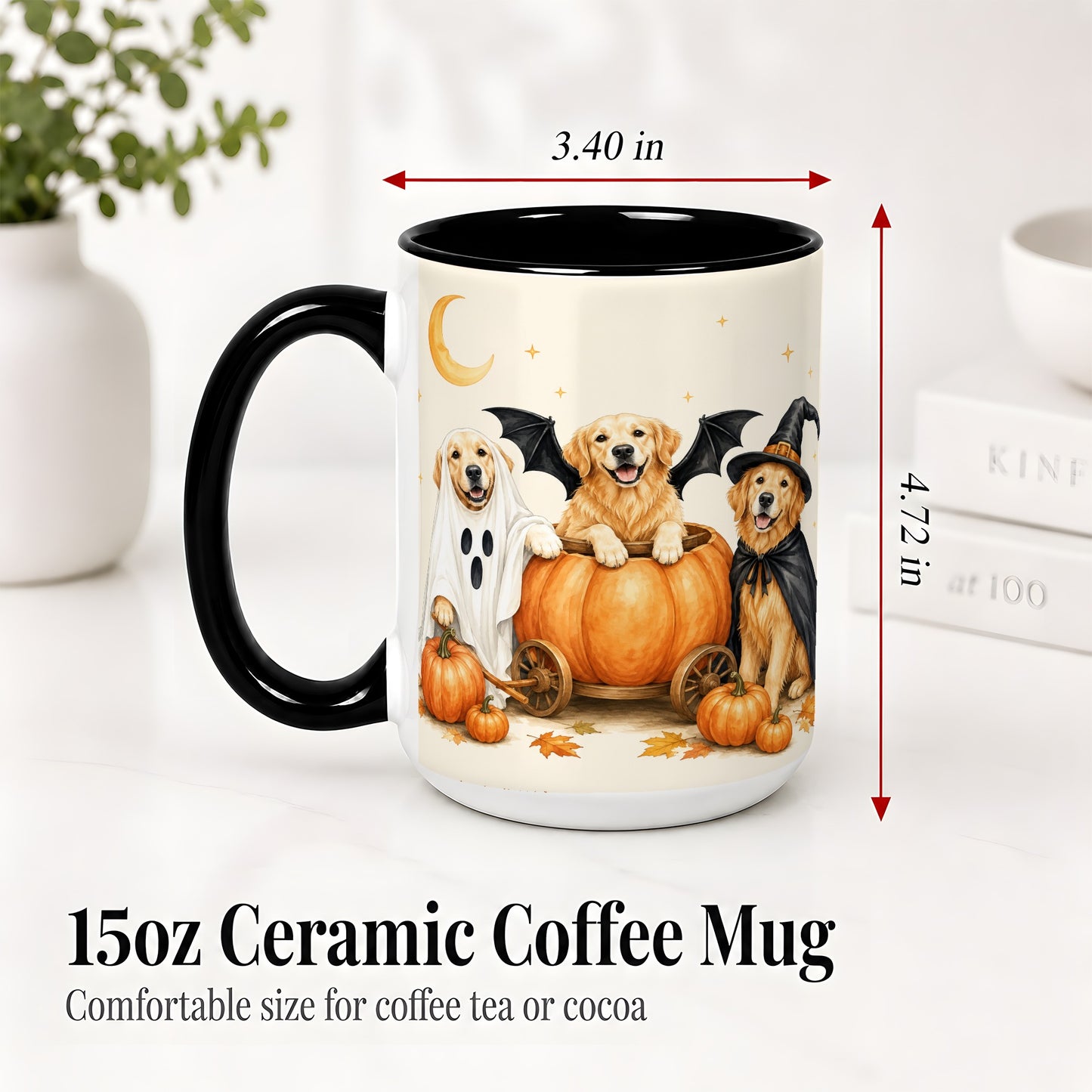 #pl[15oz|Black] Halloween Golden Retriever Ceramic Mug, Costume Pumpkin Artwork