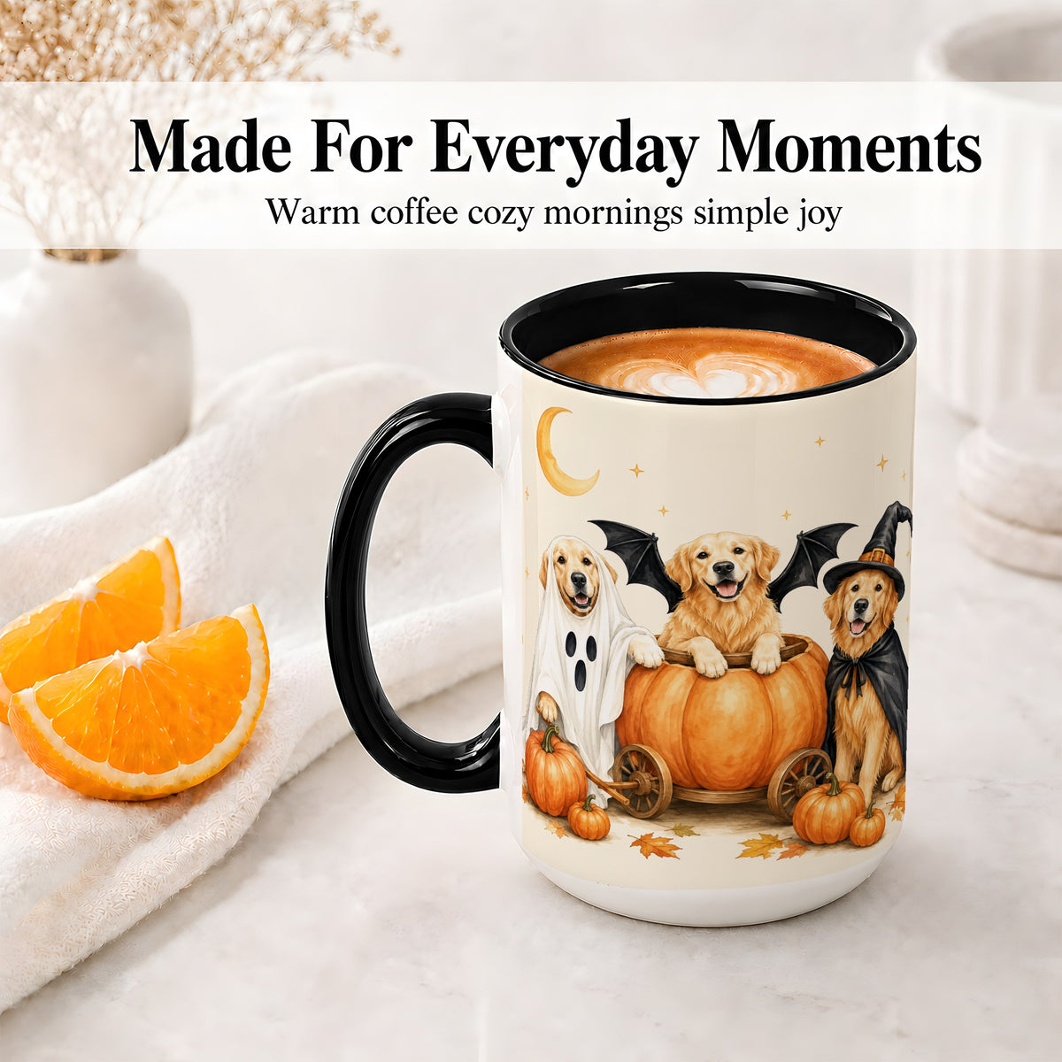 #pl[15oz|Black] Halloween Golden Retriever Ceramic Mug, Costume Pumpkin Artwork