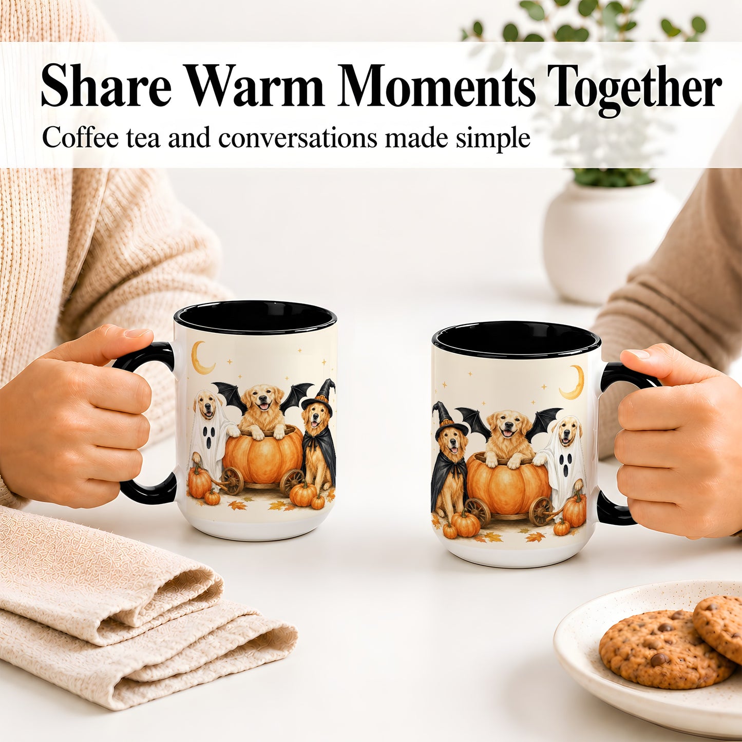 #pl[15oz|Black] Halloween Golden Retriever Ceramic Mug, Costume Pumpkin Artwork