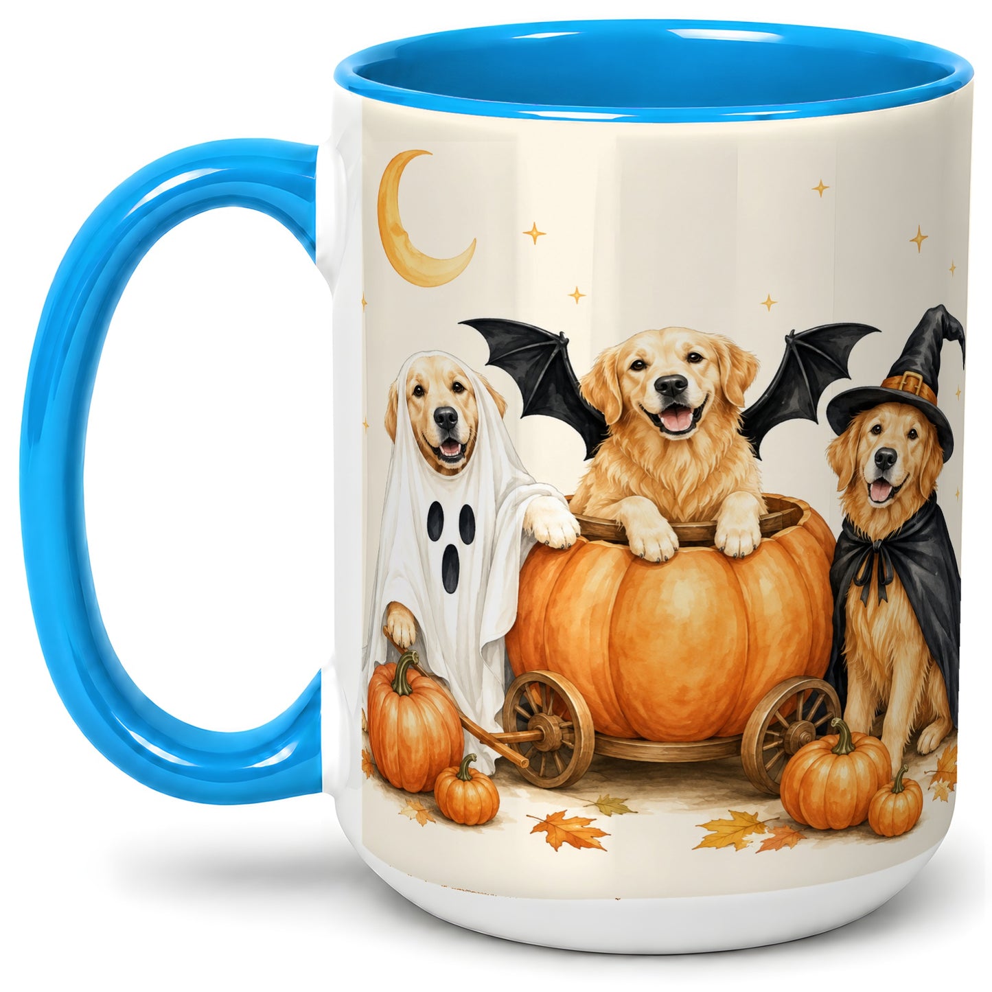 #pl[15oz|Blue] Halloween Golden Retriever Ceramic Mug, Costume Pumpkin Artwork