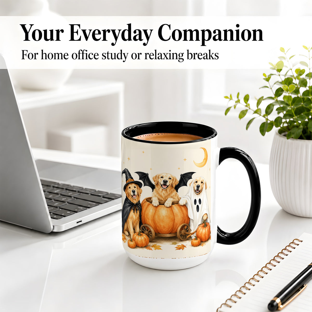 #pl[15oz|Black] Halloween Golden Retriever Ceramic Mug, Costume Pumpkin Artwork