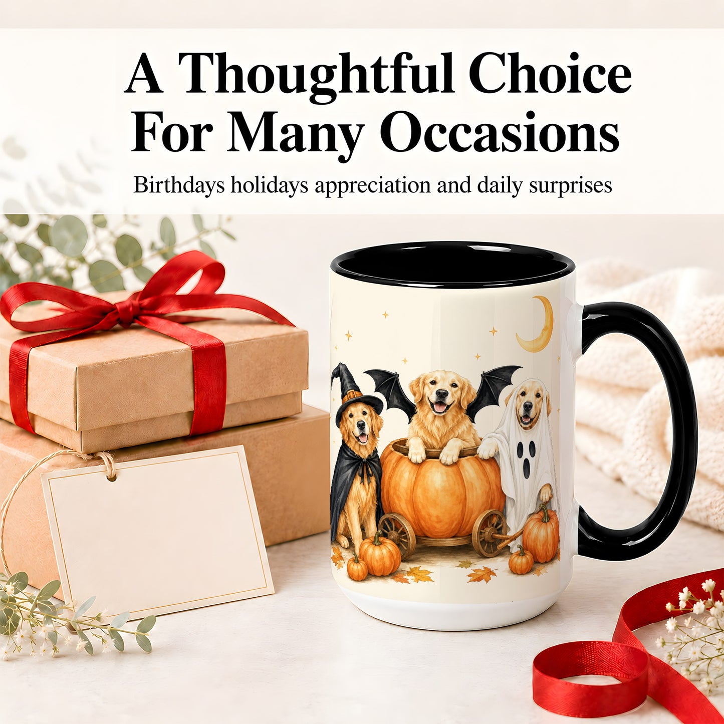 #pl[15oz|Black] Halloween Golden Retriever Ceramic Mug, Costume Pumpkin Artwork