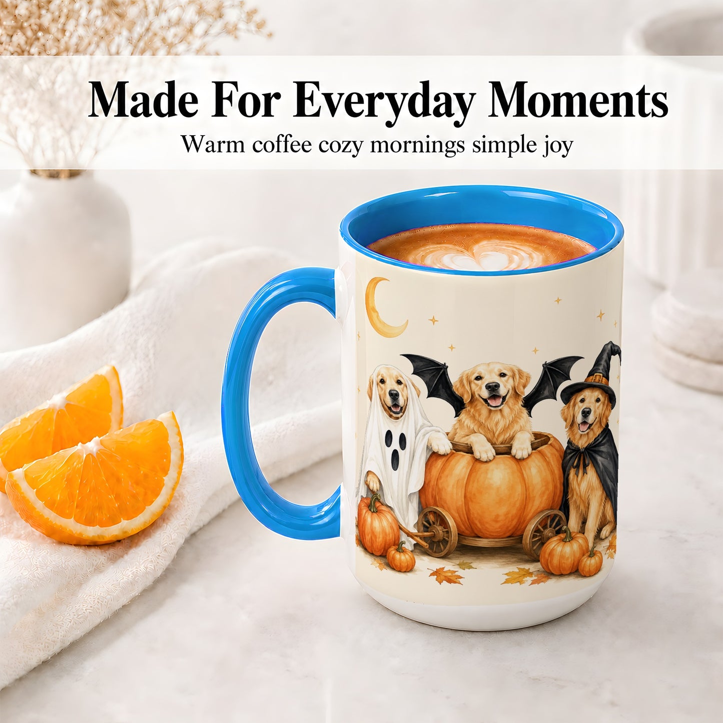 #pl[15oz|Blue] Halloween Golden Retriever Ceramic Mug, Costume Pumpkin Artwork