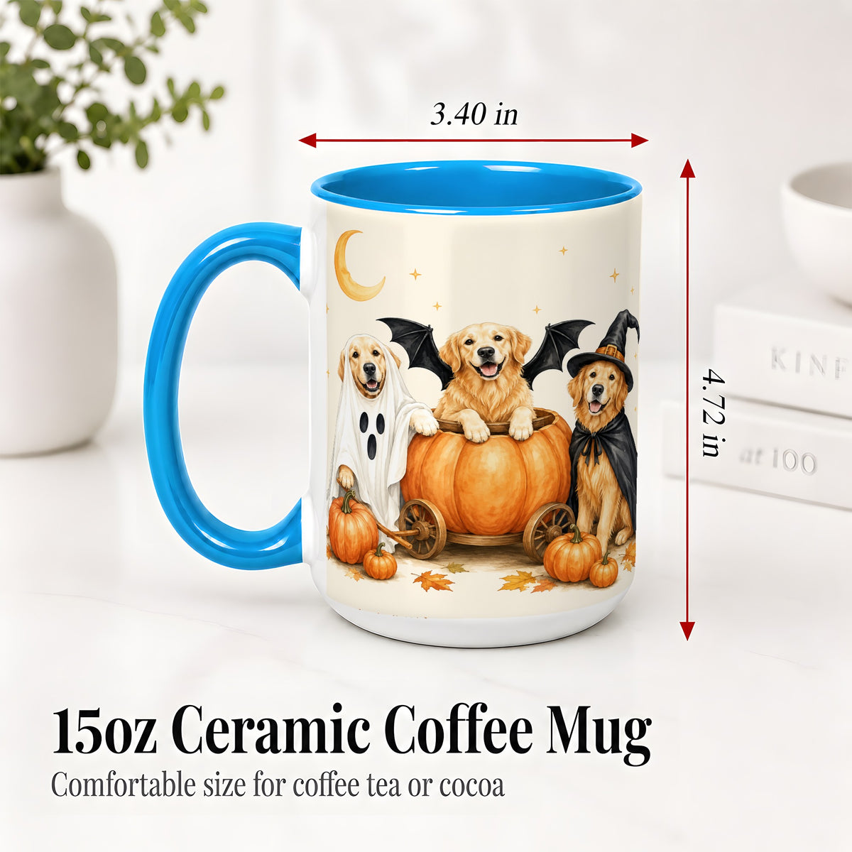 #pl[15oz|Blue] Halloween Golden Retriever Ceramic Mug, Costume Pumpkin Artwork
