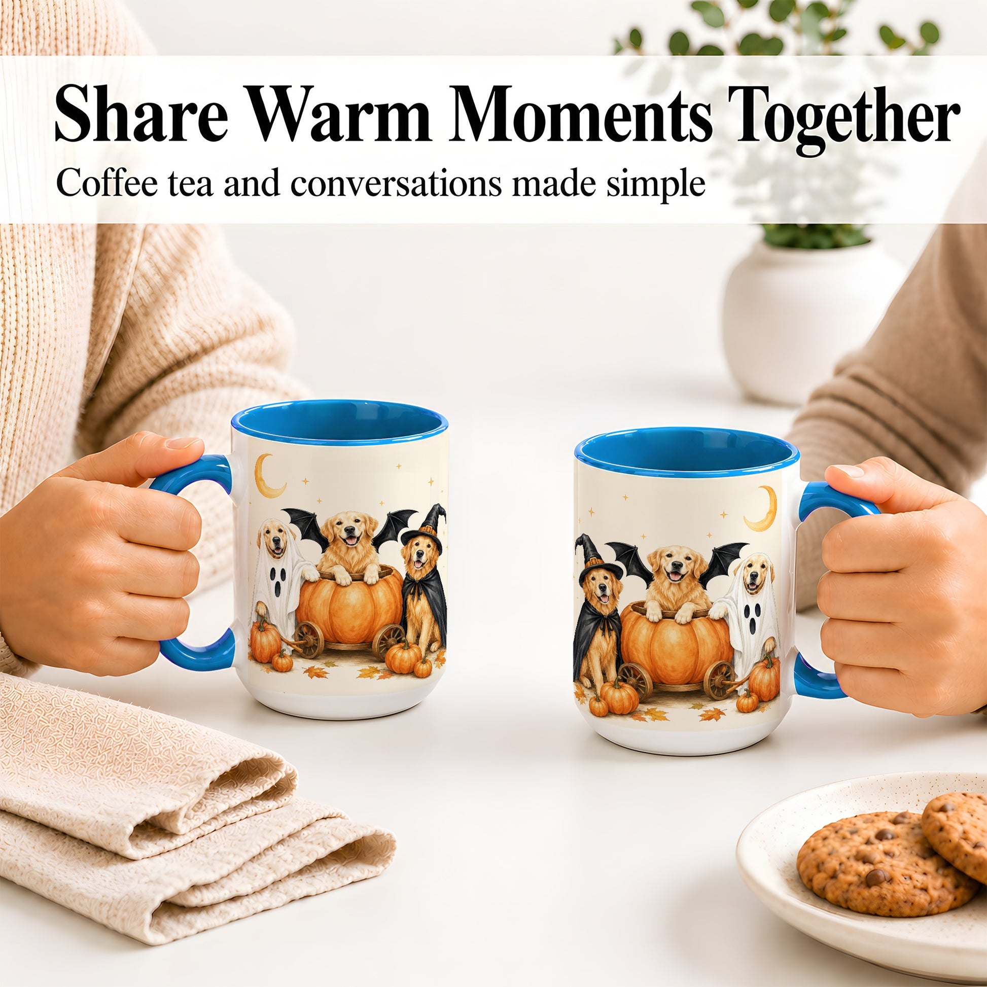 #pl[15oz|Blue] Halloween Golden Retriever Ceramic Mug, Costume Pumpkin Artwork