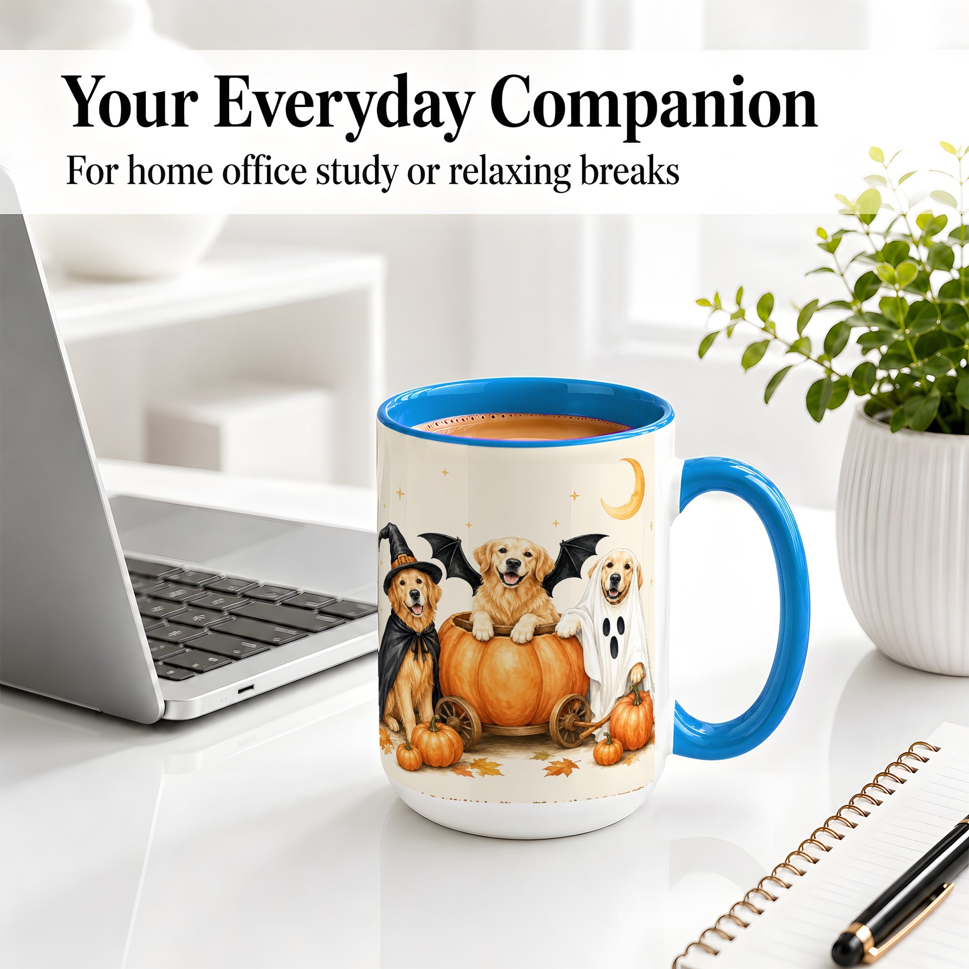 #pl[15oz|Blue] Halloween Golden Retriever Ceramic Mug, Costume Pumpkin Artwork