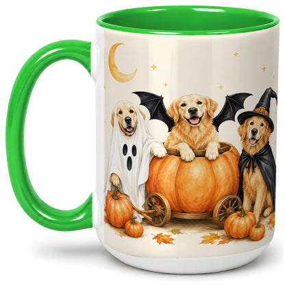#pl[15oz|Green] Halloween Golden Retriever Ceramic Mug, Costume Pumpkin Artwork