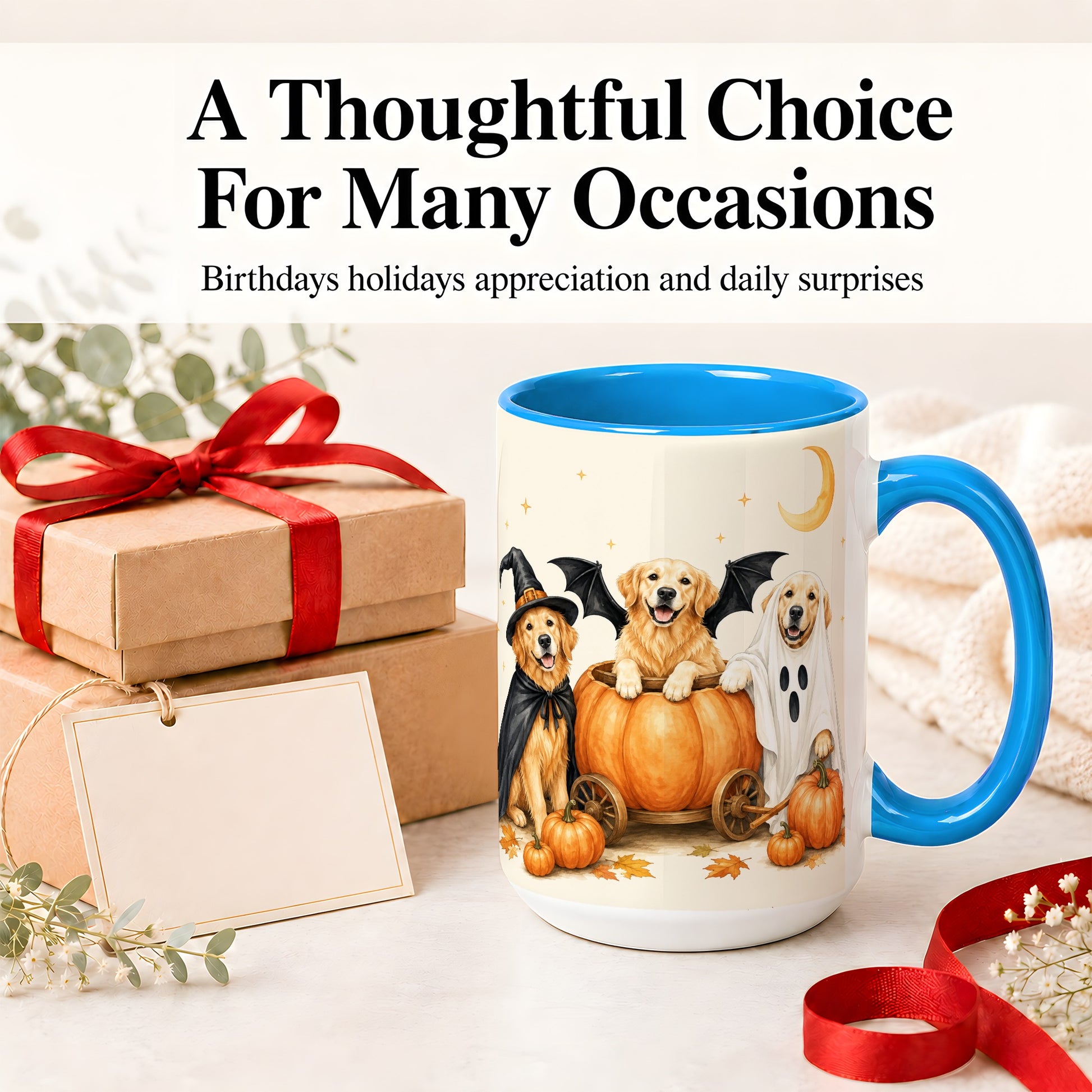 #pl[15oz|Blue] Halloween Golden Retriever Ceramic Mug, Costume Pumpkin Artwork