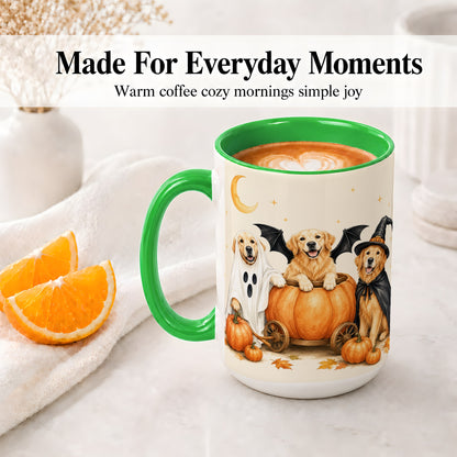 #pl[15oz|Green] Halloween Golden Retriever Ceramic Mug, Costume Pumpkin Artwork