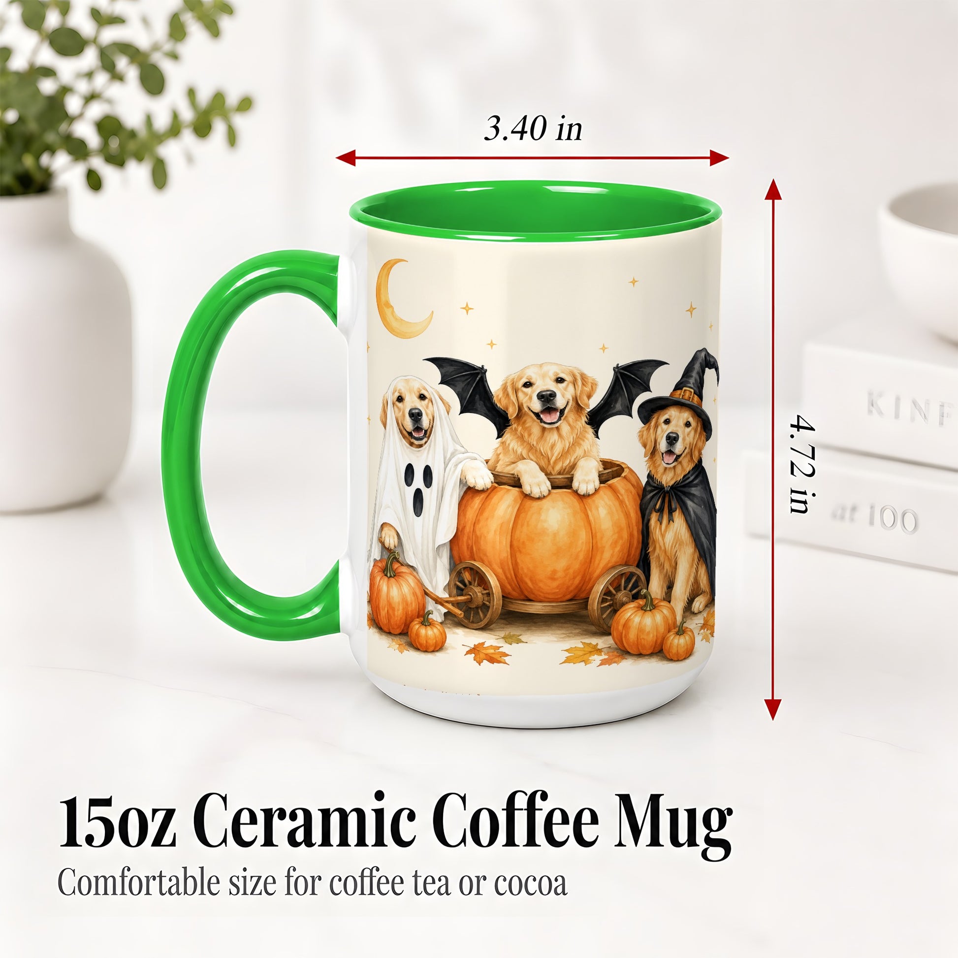#pl[15oz|Green] Halloween Golden Retriever Ceramic Mug, Costume Pumpkin Artwork
