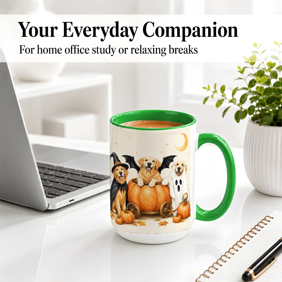 #pl[15oz|Green] Halloween Golden Retriever Ceramic Mug, Costume Pumpkin Artwork