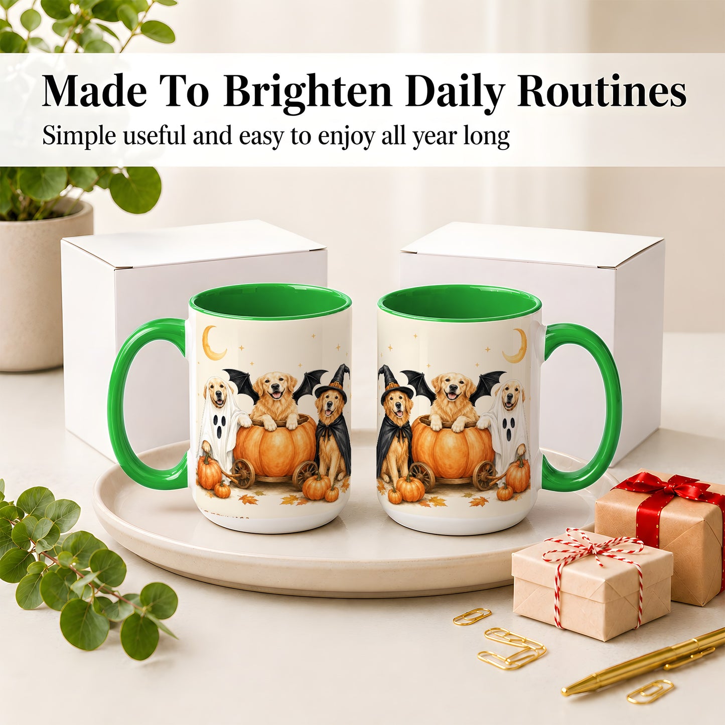 #pl[15oz|Green] Halloween Golden Retriever Ceramic Mug, Costume Pumpkin Artwork