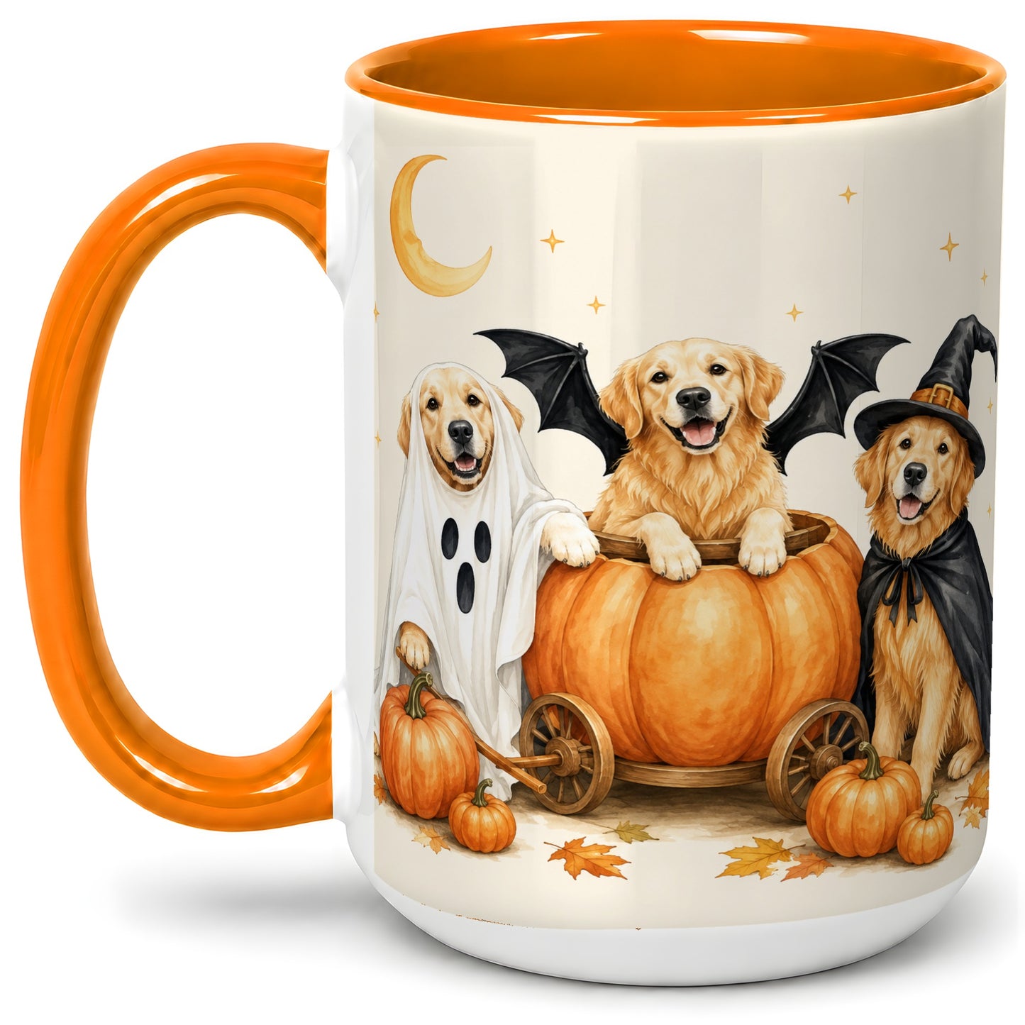 #pl[15oz|Orange] Halloween Golden Retriever Ceramic Mug, Costume Pumpkin Artwork