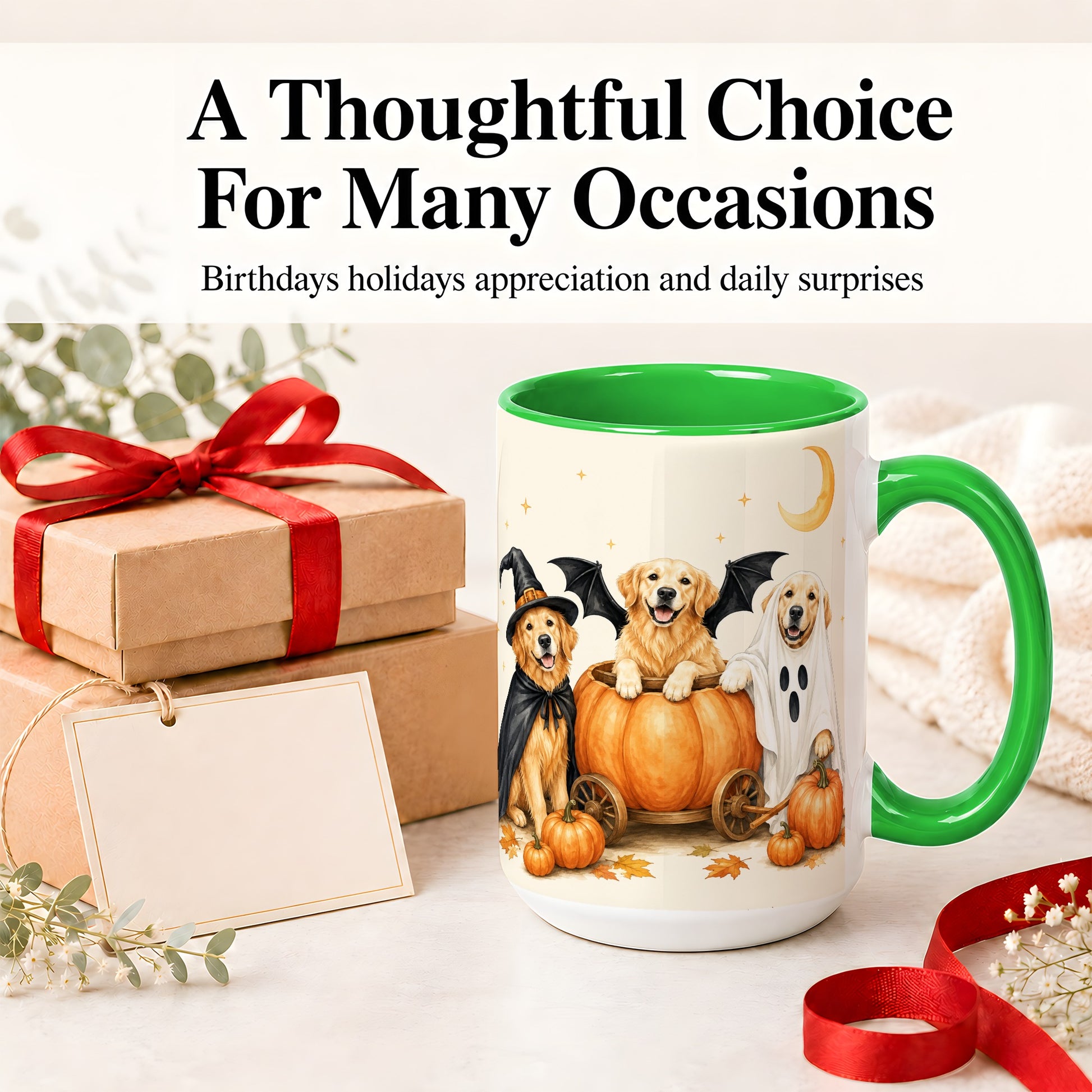 #pl[15oz|Green] Halloween Golden Retriever Ceramic Mug, Costume Pumpkin Artwork