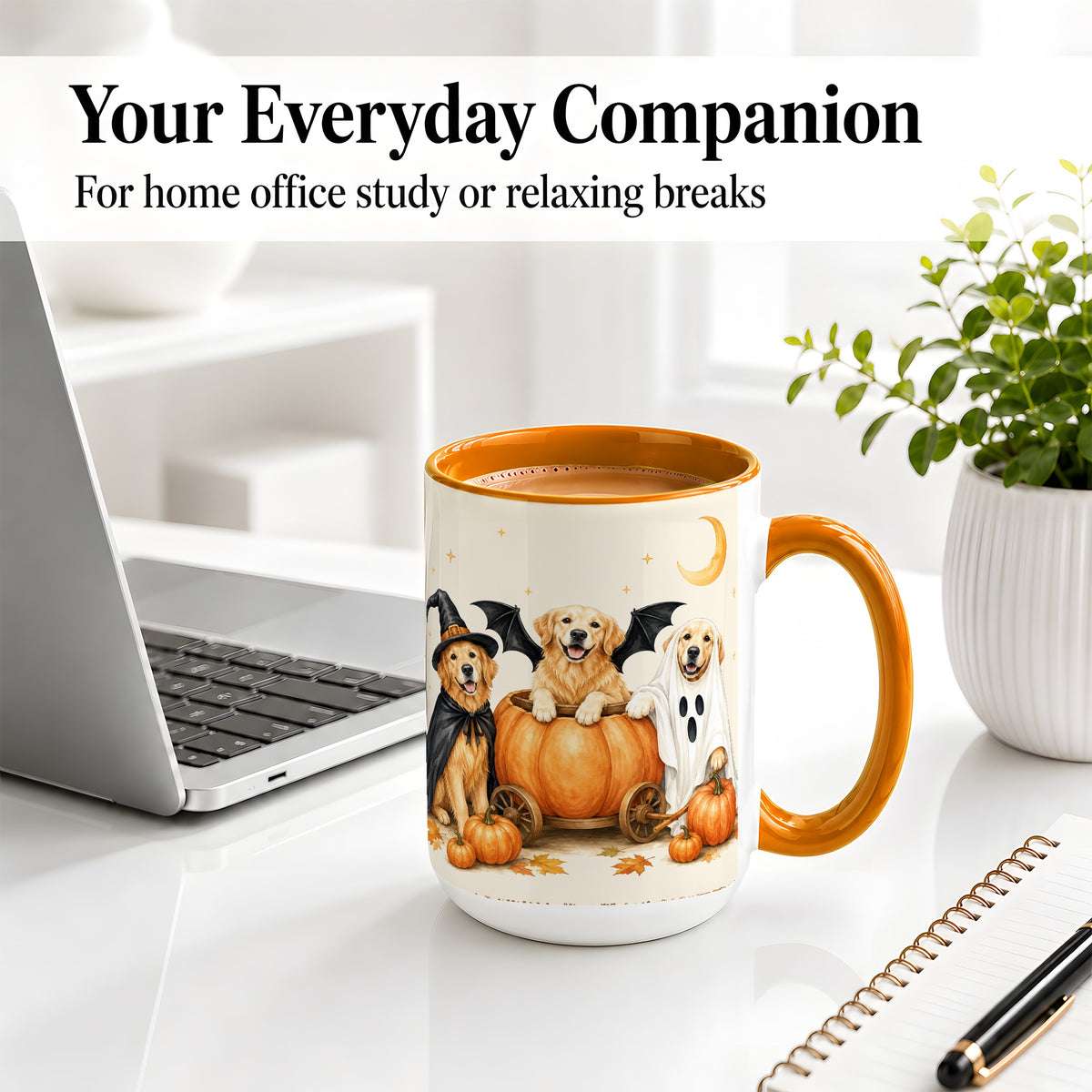 #pl[15oz|Orange] Halloween Golden Retriever Ceramic Mug, Costume Pumpkin Artwork