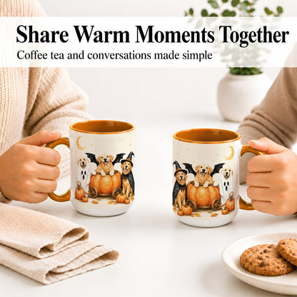#pl[15oz|Orange] Halloween Golden Retriever Ceramic Mug, Costume Pumpkin Artwork