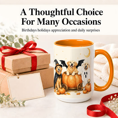 #pl[15oz|Orange] Halloween Golden Retriever Ceramic Mug, Costume Pumpkin Artwork