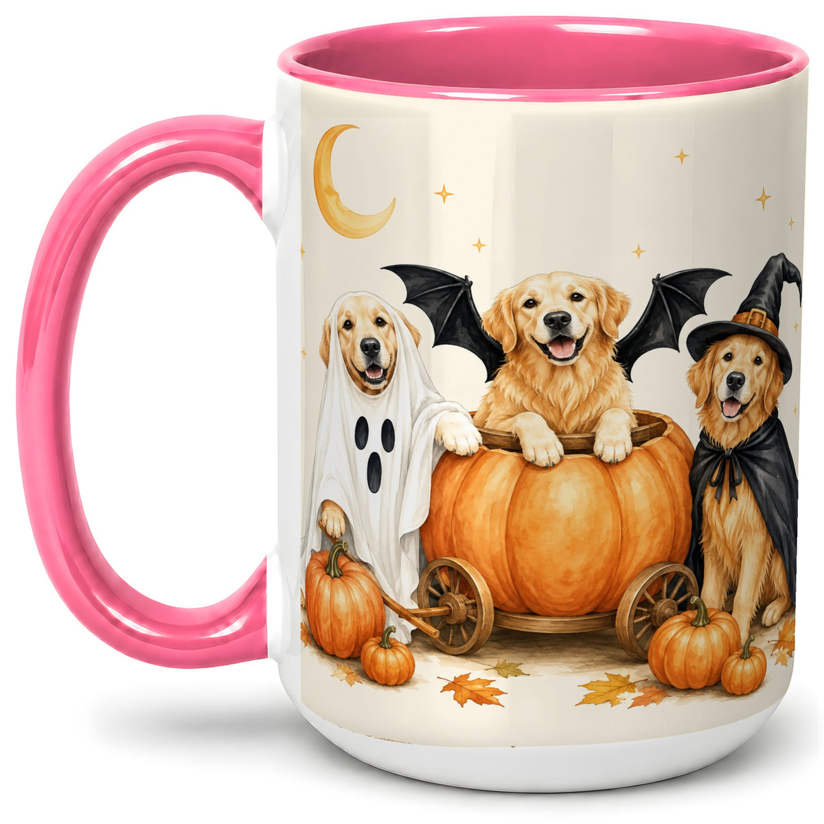#pl[15oz|Pink] Halloween Golden Retriever Ceramic Mug, Costume Pumpkin Artwork