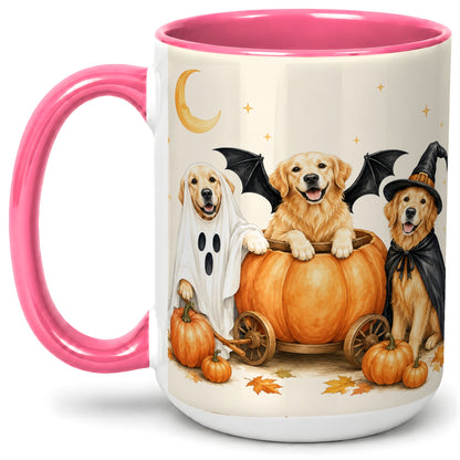 #pl[15oz|Pink] Halloween Golden Retriever Ceramic Mug, Costume Pumpkin Artwork