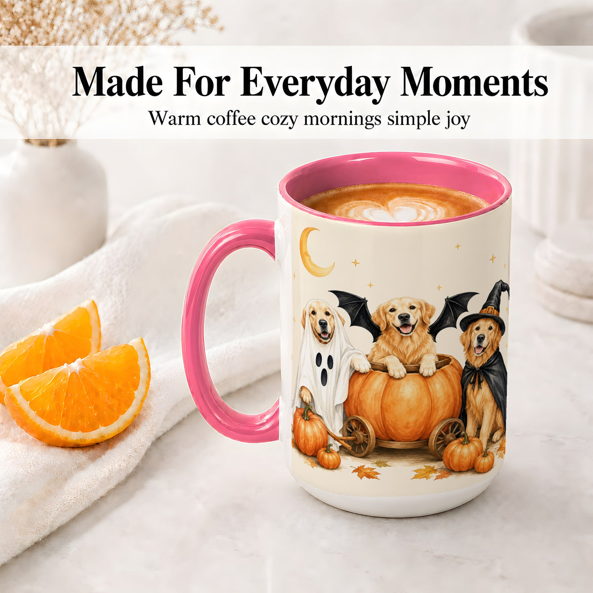 #pl[15oz|Pink] Halloween Golden Retriever Ceramic Mug, Costume Pumpkin Artwork