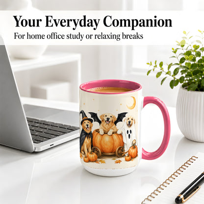 #pl[15oz|Pink] Halloween Golden Retriever Ceramic Mug, Costume Pumpkin Artwork