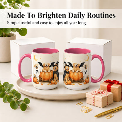 #pl[15oz|Pink] Halloween Golden Retriever Ceramic Mug, Costume Pumpkin Artwork