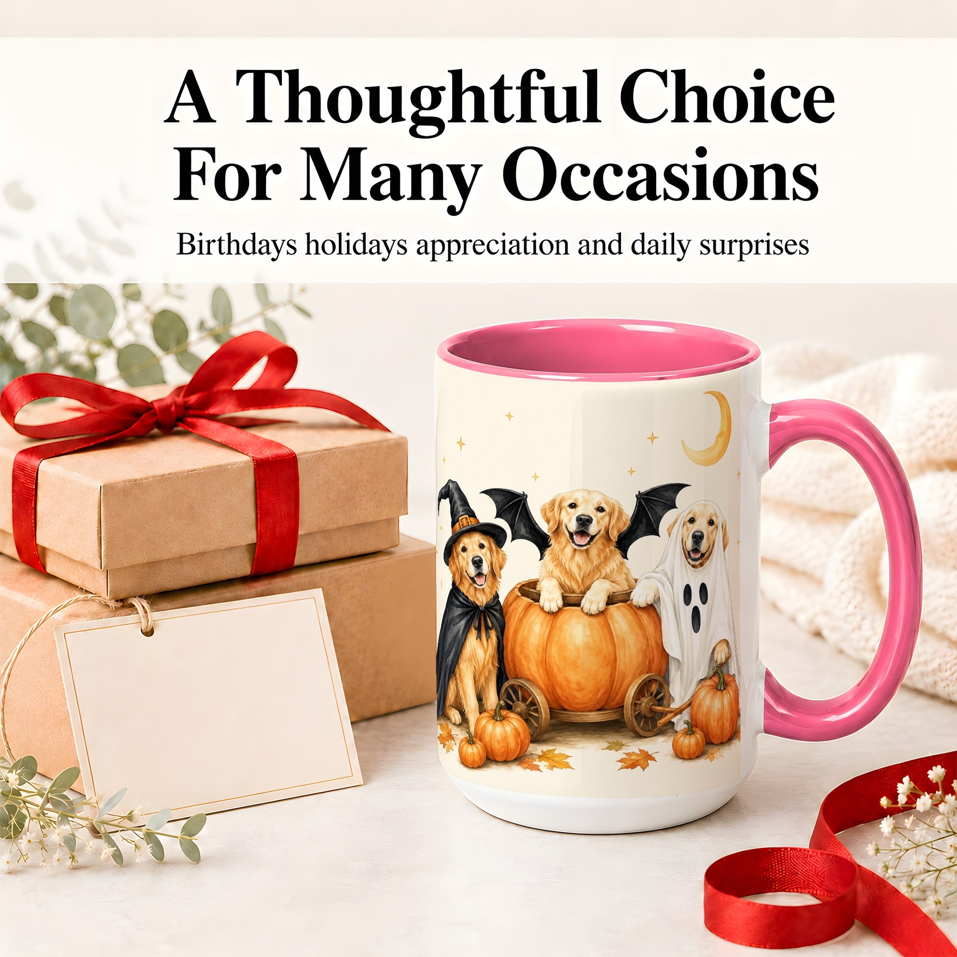 #pl[15oz|Pink] Halloween Golden Retriever Ceramic Mug, Costume Pumpkin Artwork