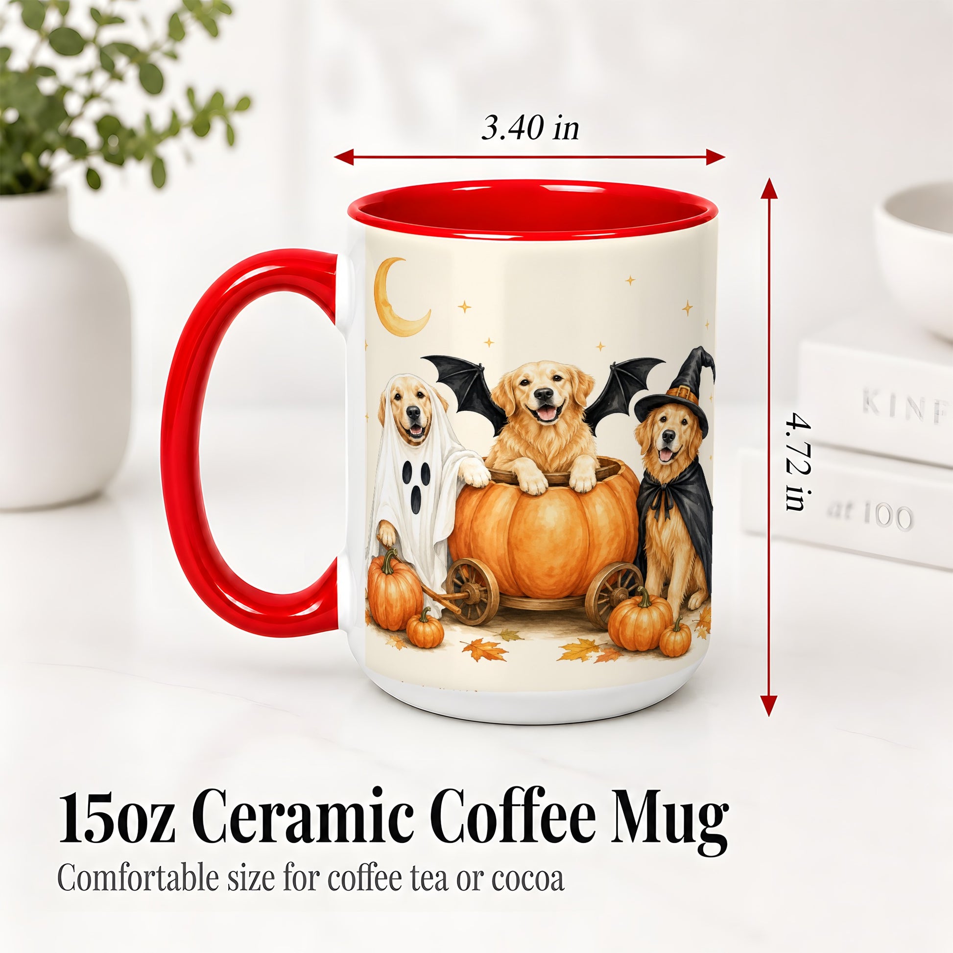 #pl[15oz|Red] Halloween Golden Retriever Ceramic Mug, Costume Pumpkin Artwork