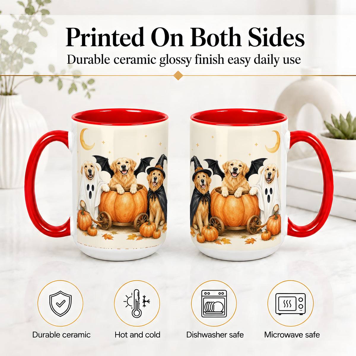 #pl[15oz|Red] Halloween Golden Retriever Ceramic Mug, Costume Pumpkin Artwork