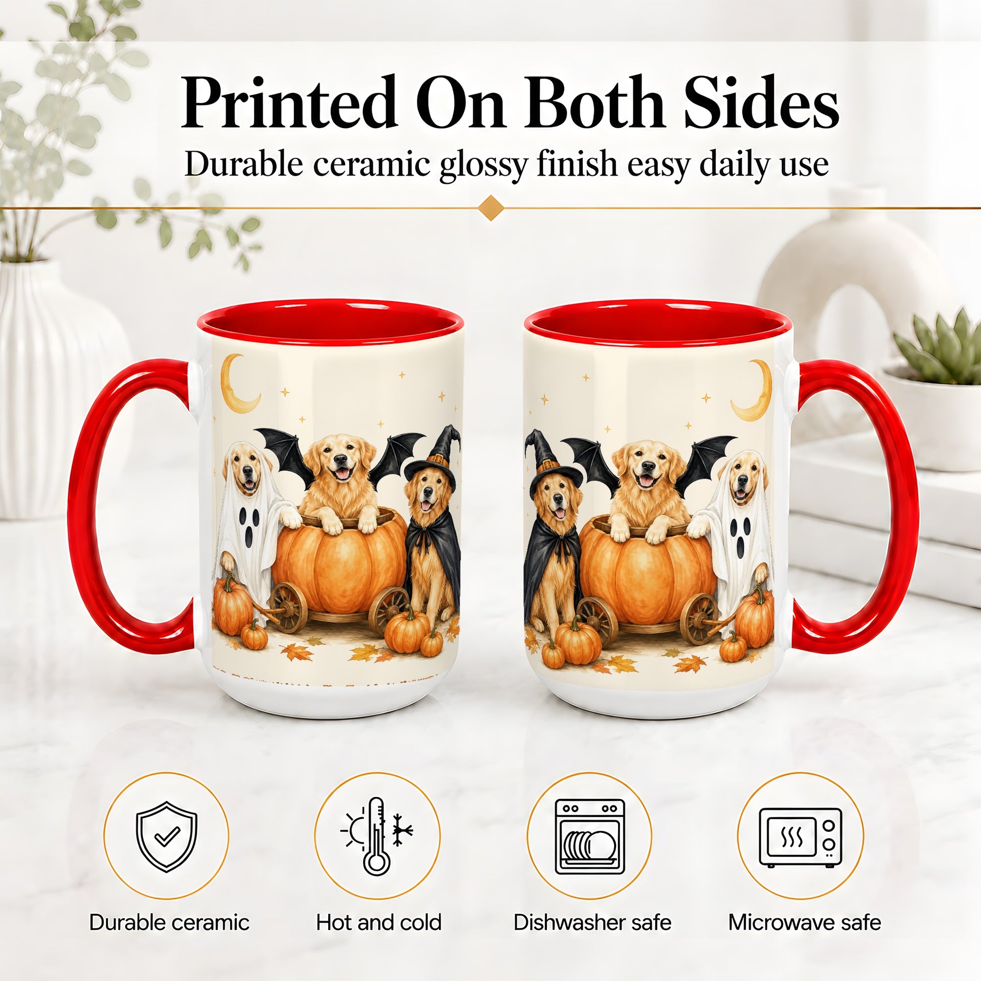 #pl[15oz|Red] Halloween Golden Retriever Ceramic Mug, Costume Pumpkin Artwork