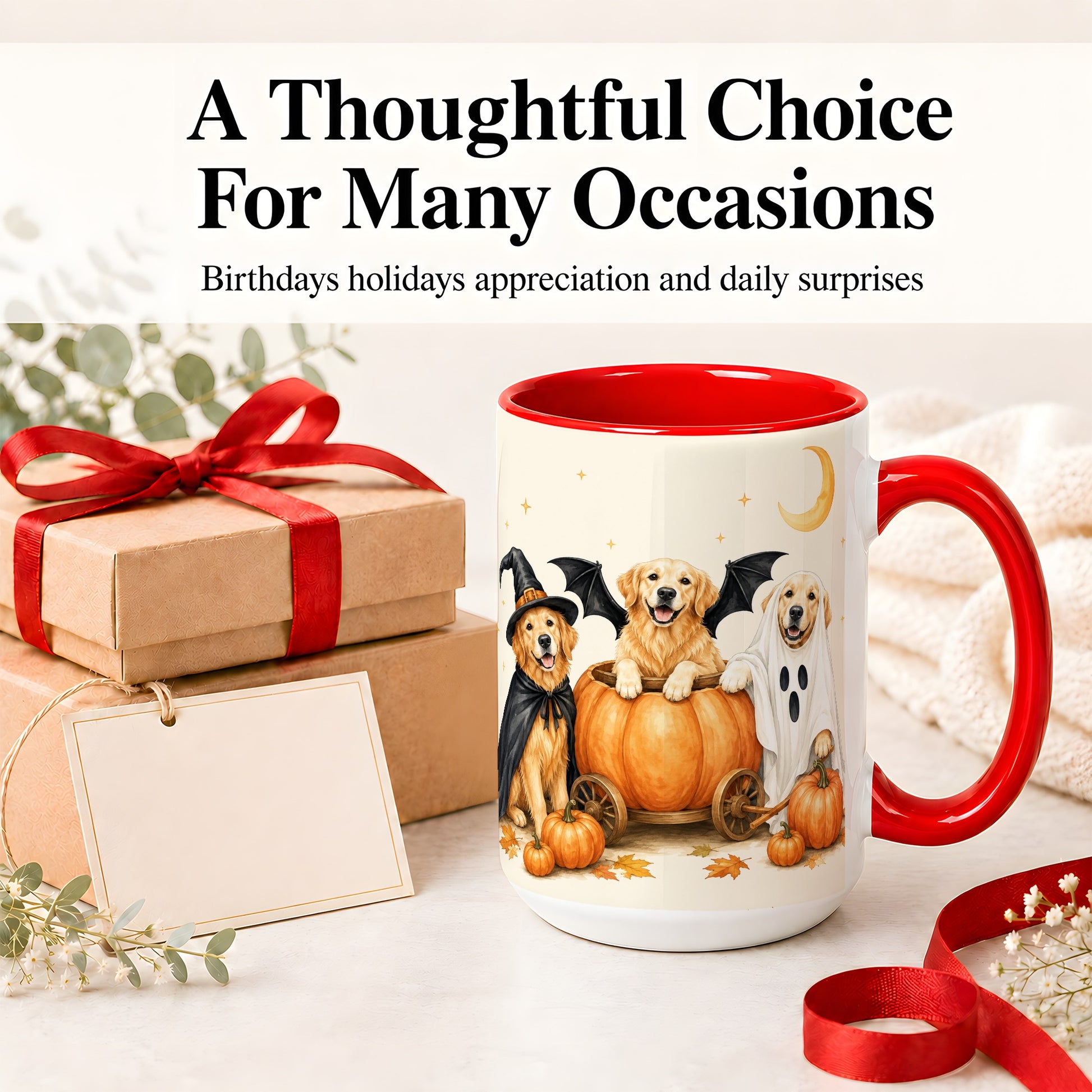 #pl[15oz|Red] Halloween Golden Retriever Ceramic Mug, Costume Pumpkin Artwork