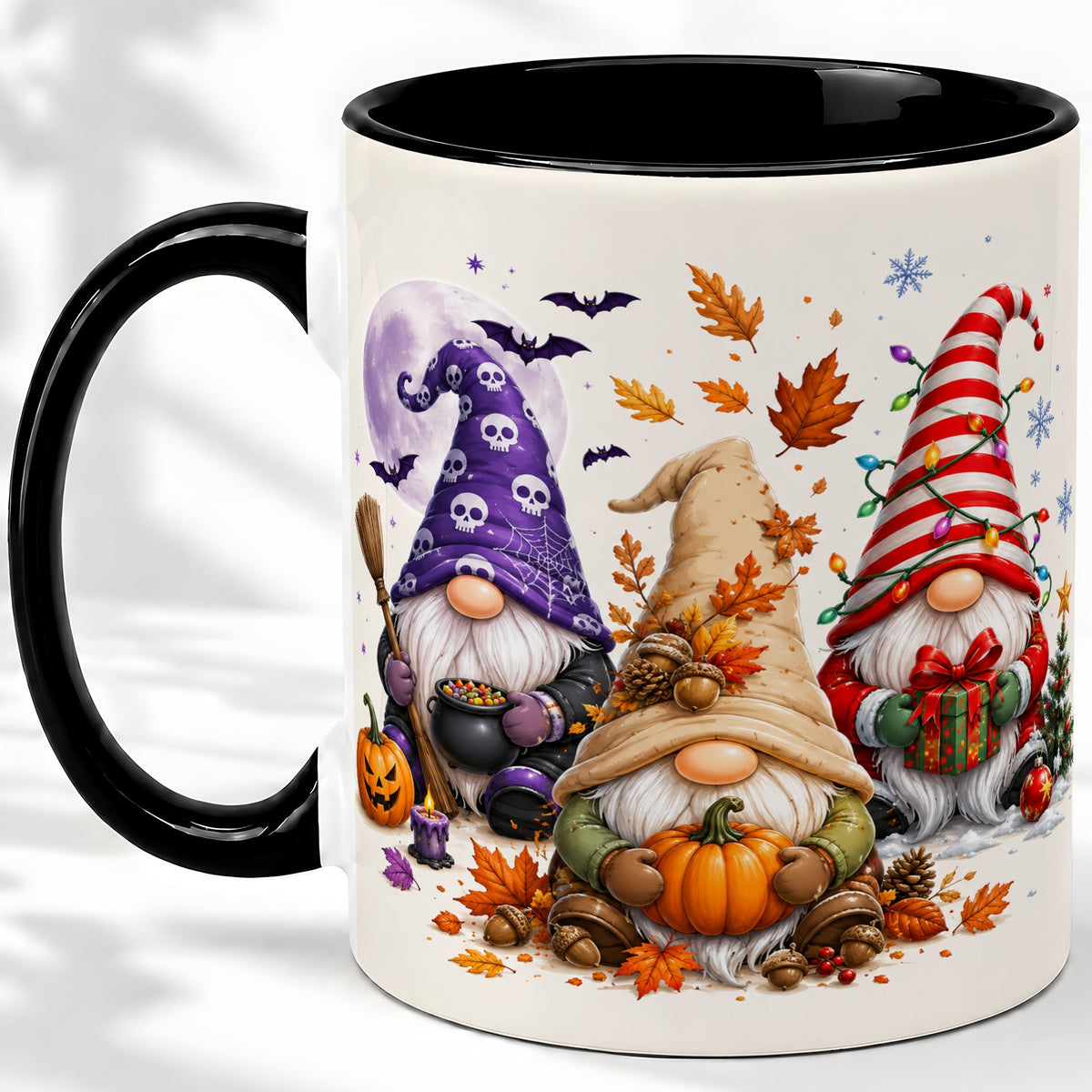 #pl[11oz|Black] Seasonal Gnome Trio Ceramic Mug, Pumpkin Leaves Festive Artwork