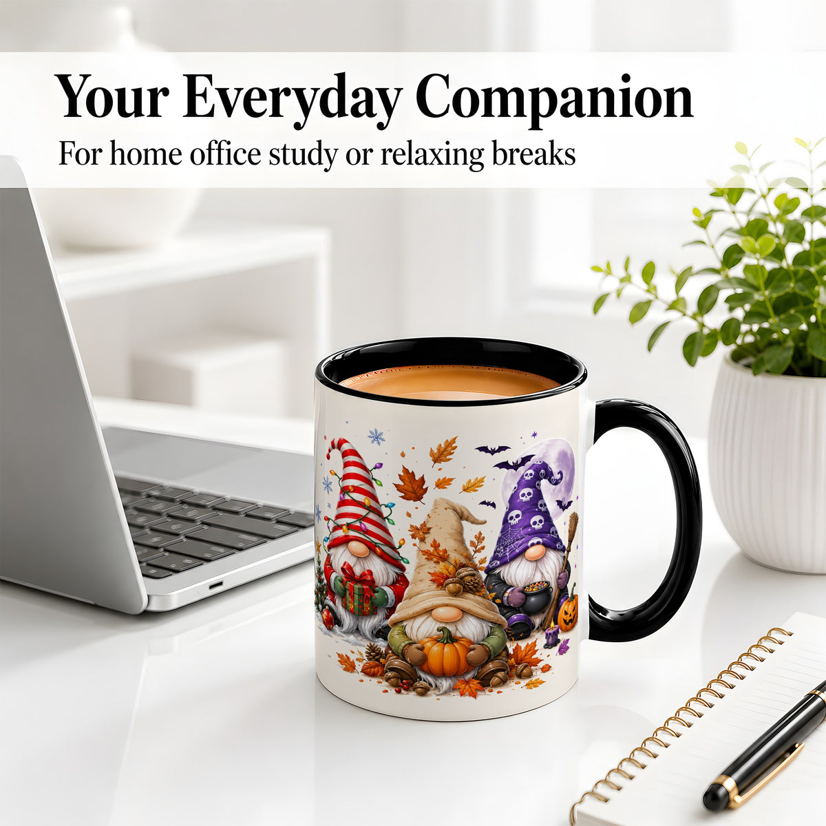 #pl[11oz|Black] Seasonal Gnome Trio Ceramic Mug, Pumpkin Leaves Festive Artwork