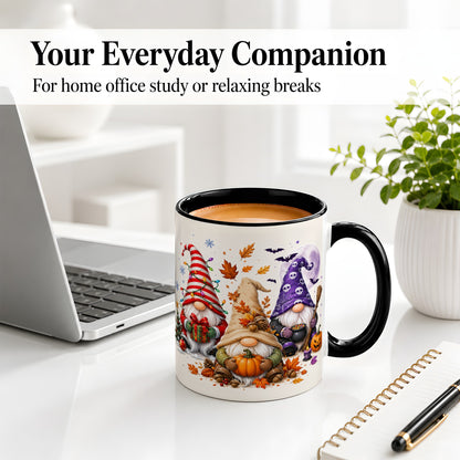 #pl[11oz|Black] Seasonal Gnome Trio Ceramic Mug, Pumpkin Leaves Festive Artwork