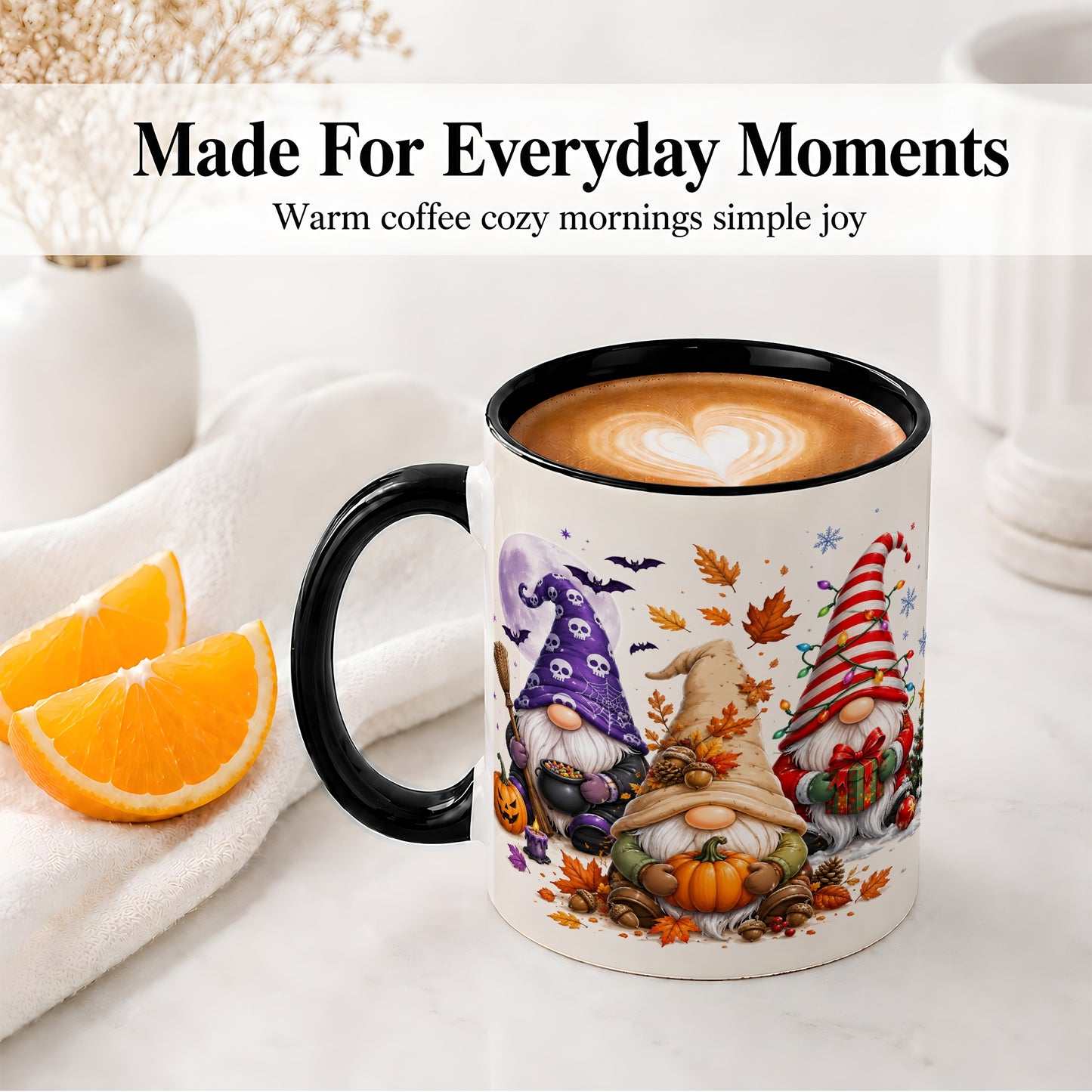#pl[11oz|Black] Seasonal Gnome Trio Ceramic Mug, Pumpkin Leaves Festive Artwork
