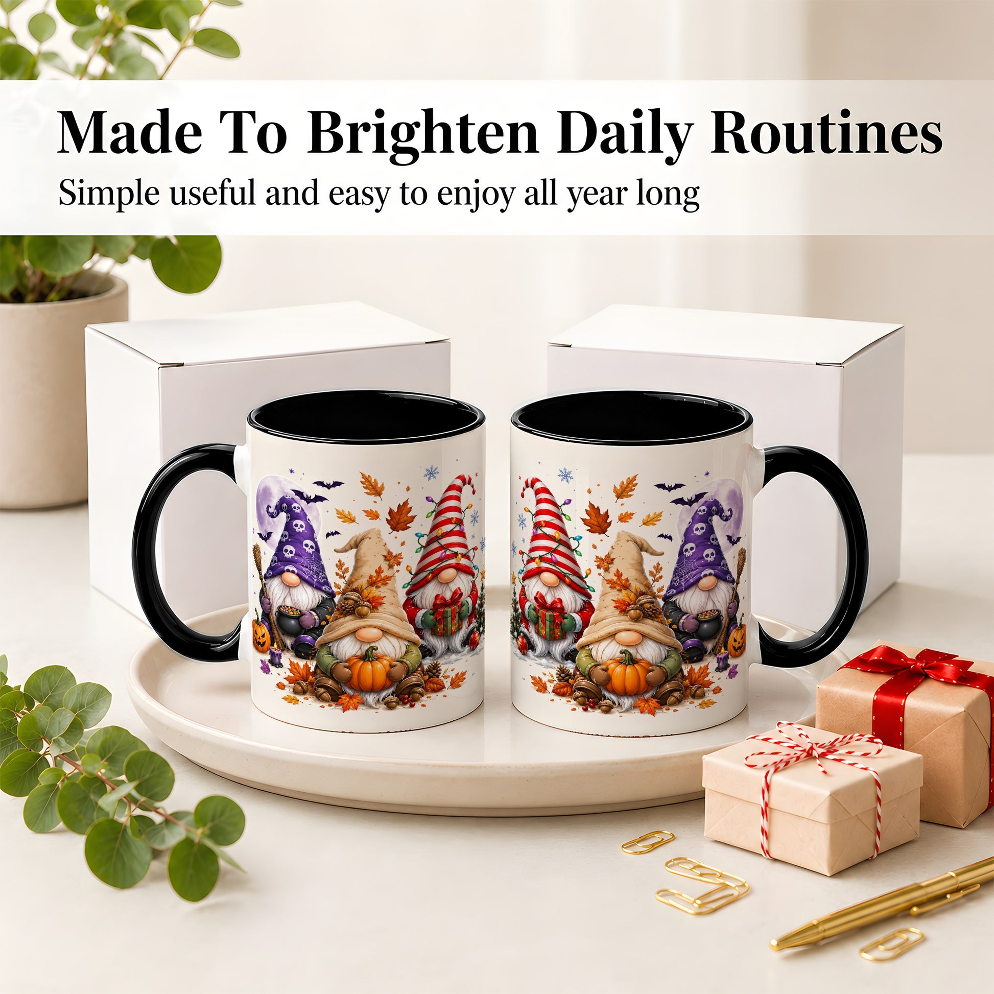 #pl[11oz|Black] Seasonal Gnome Trio Ceramic Mug, Pumpkin Leaves Festive Artwork