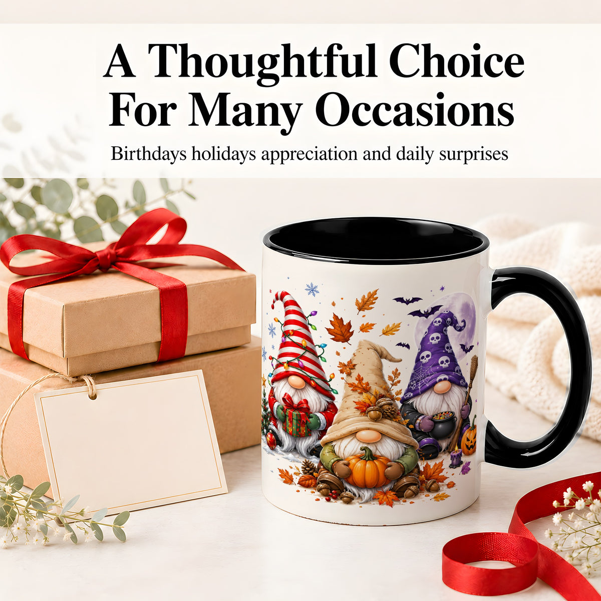 #pl[11oz|Black] Seasonal Gnome Trio Ceramic Mug, Pumpkin Leaves Festive Artwork