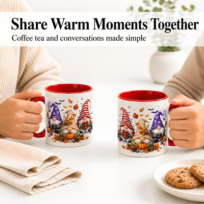 #pl[11oz|Red] Seasonal Gnome Trio Ceramic Mug, Pumpkin Leaves Festive Artwork