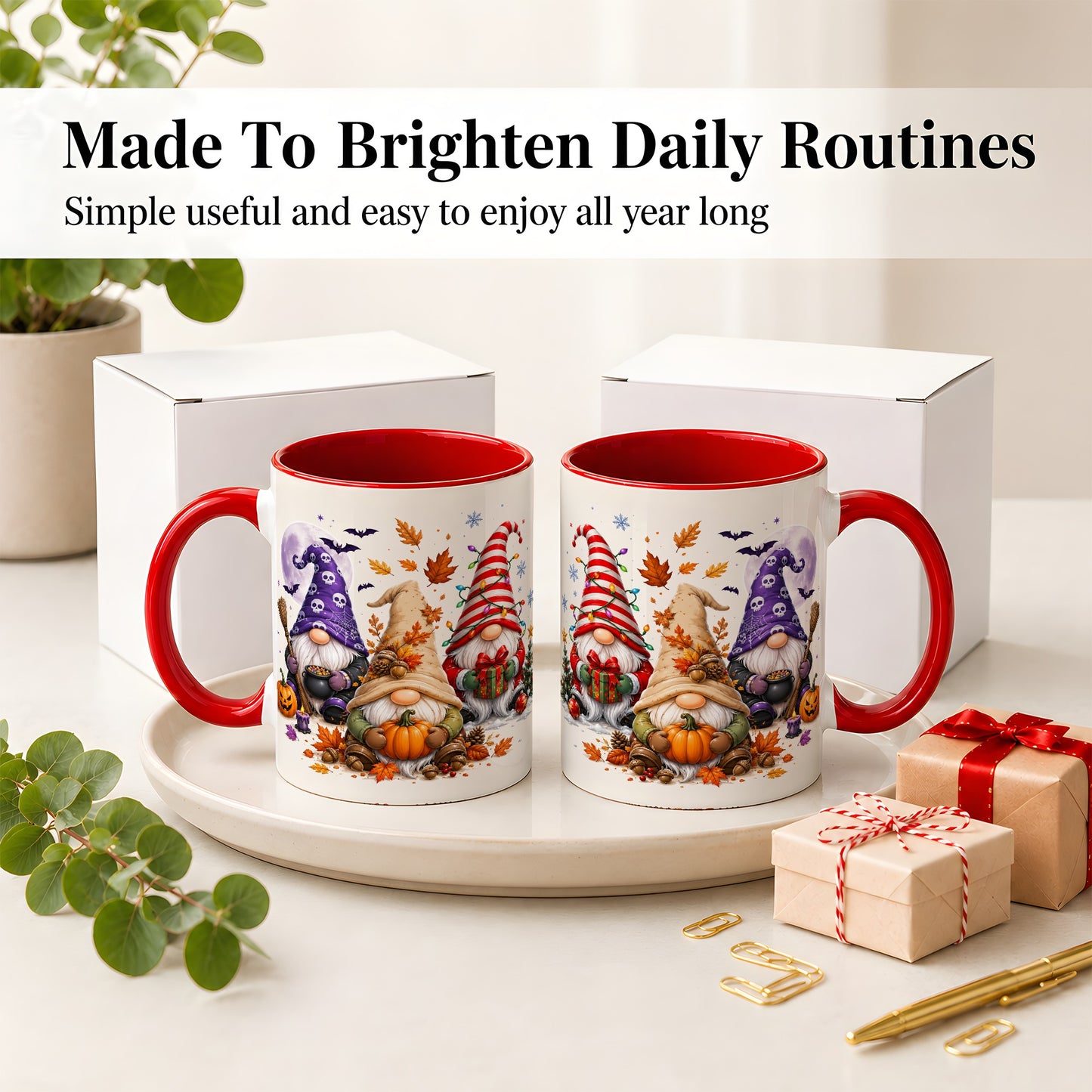 #pl[11oz|Red] Seasonal Gnome Trio Ceramic Mug, Pumpkin Leaves Festive Artwork