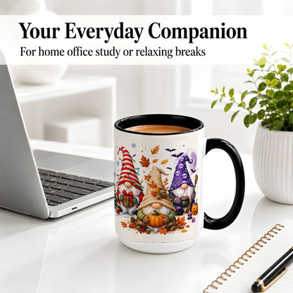 #pl[15oz|Black] Seasonal Gnome Trio Ceramic Mug, Pumpkin Leaves Festive Artwork