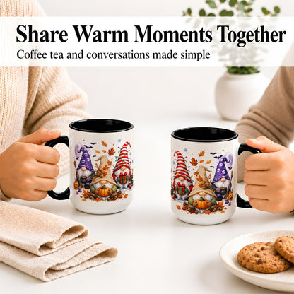 #pl[15oz|Black] Seasonal Gnome Trio Ceramic Mug, Pumpkin Leaves Festive Artwork