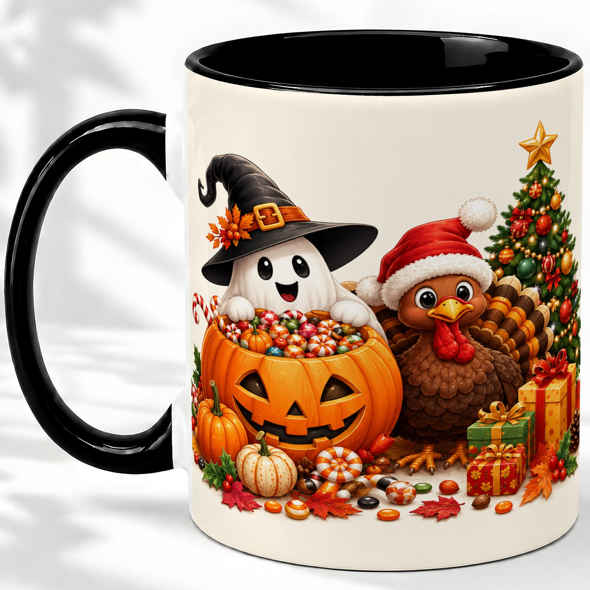 #pl[11oz|Black] Holiday Ghost Turkey Ceramic Mug, Halloween Christmas Artwork